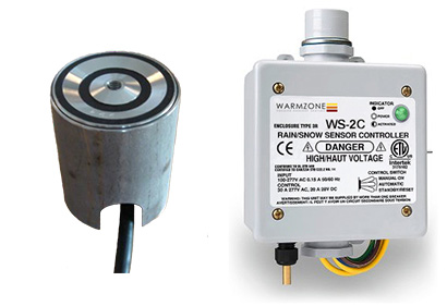 In-ground and aerial mount snow sensors for heated driveway systems.