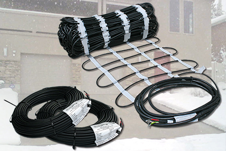Snow melting heat cable in individual lengths and in mat.